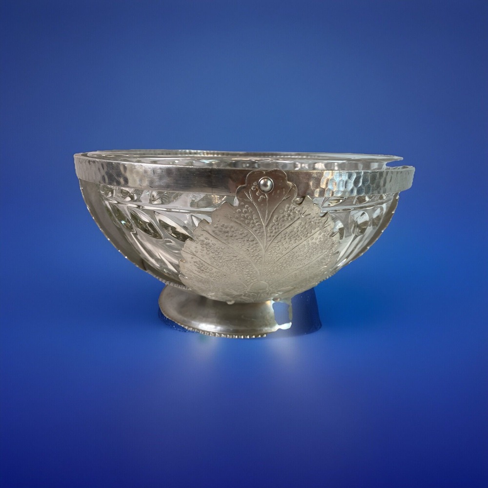 CONTINENTAL SILVER CRYSTAL‎ LINED BOWL  BASKET Leaf's Acorn Design Vintage